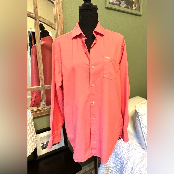 Tommy Bahama Medium 100% Cotton Men’s Salmon Pink Button Down Shirt - Picture 9 of 13